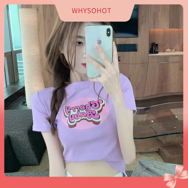 Maynee Styling Áo crop top ngắn tay cổ tròn Polyester in chữ cho phụ nữ hoặc các cô gái tuổi teen