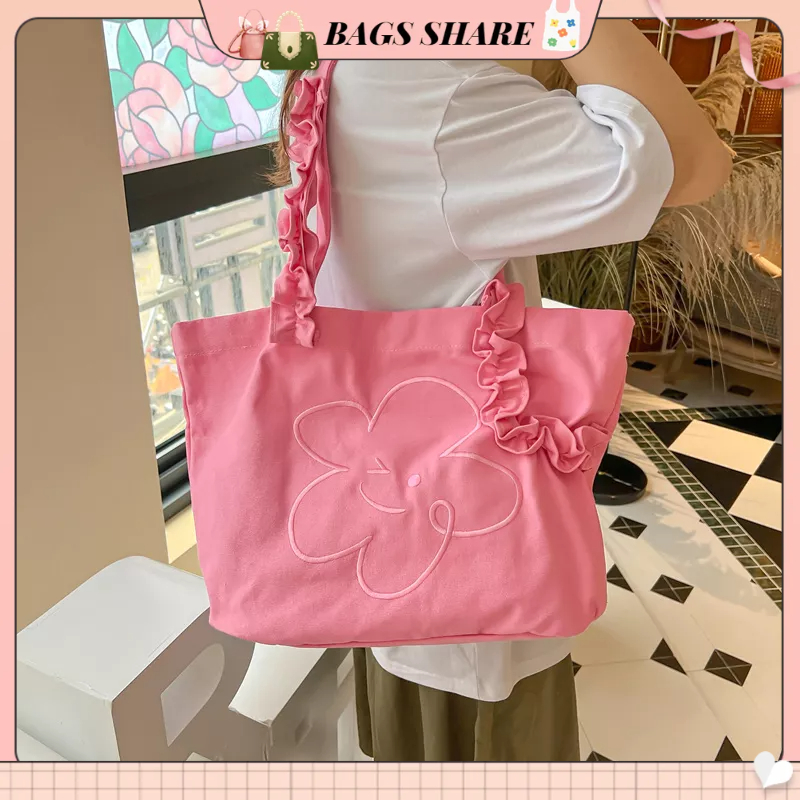 Ren Đeo Vai Ren Canvas Túi Tote Nữ Mặt Cười Vải Xếp Ren Túi Đựng Họa Tiết Thêu Hoa Tote