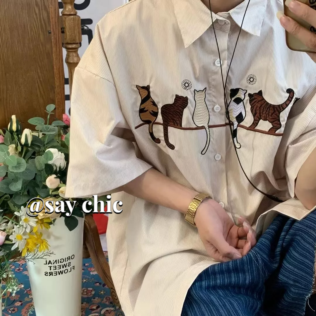 Áo Sơ Mi Tay Ngắn Kẻ Sọc Thêu Hình Mèo Thời Trang Cho Nam