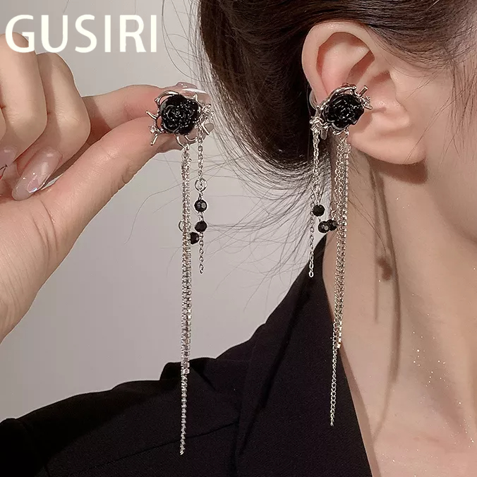 GUSIRI Khuyên Kẹp Vành Tai Tua Rua Hình Hoa Hồng Cá Tính