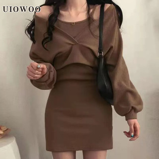 UIOWOO Set Áo Thun Dài Tay + Váy Yếm Phong Cách Pháp Thanh Lịch Dành Cho Nữ