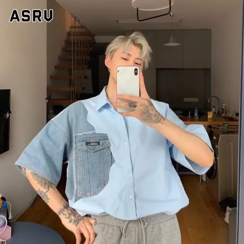 ASRV Áo Sơ Mi Denim Tay Ngắn Dáng Rộng Thời Trang Dành Cho Nam Giới