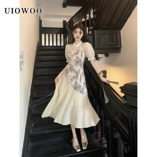 UIOWOO Đầm Midi Tay Ngắn Cổ Đứng In Họa Tiết Hoa Phong Cách Trung Quốc Thời Trang Mùa Hè 2023