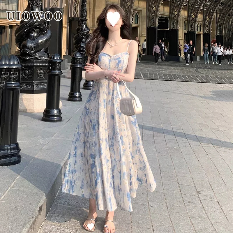 UIOWOO Yuxuan Đầm Hai Dây Dáng Dài In Họa Tiết Tranh Sơn Dầu Màu Xanh Dương Phong Cách Pháp Thời Trang Mùa Hè Dành Cho Bạn Nữ