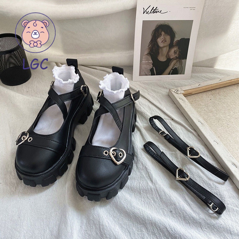 Giày da mũi tròn đế dày phong cách Lolita Nhật Bản cho nữ