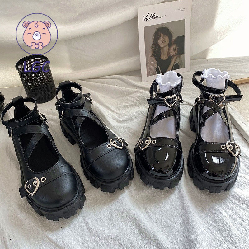 Giày da mũi tròn đế dày phong cách Lolita Nhật Bản cho nữ