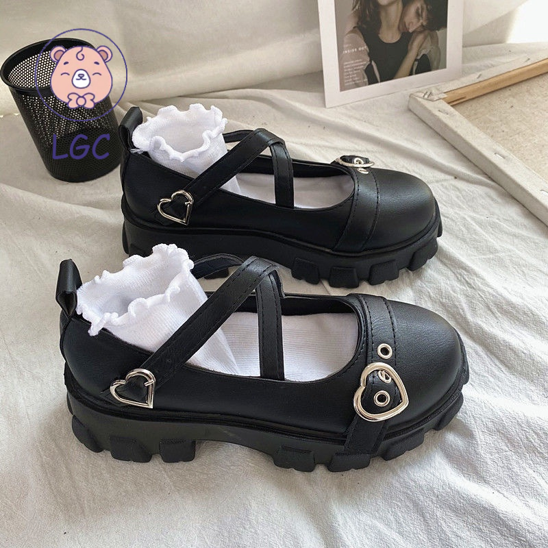 Giày da mũi tròn đế dày phong cách Lolita Nhật Bản cho nữ