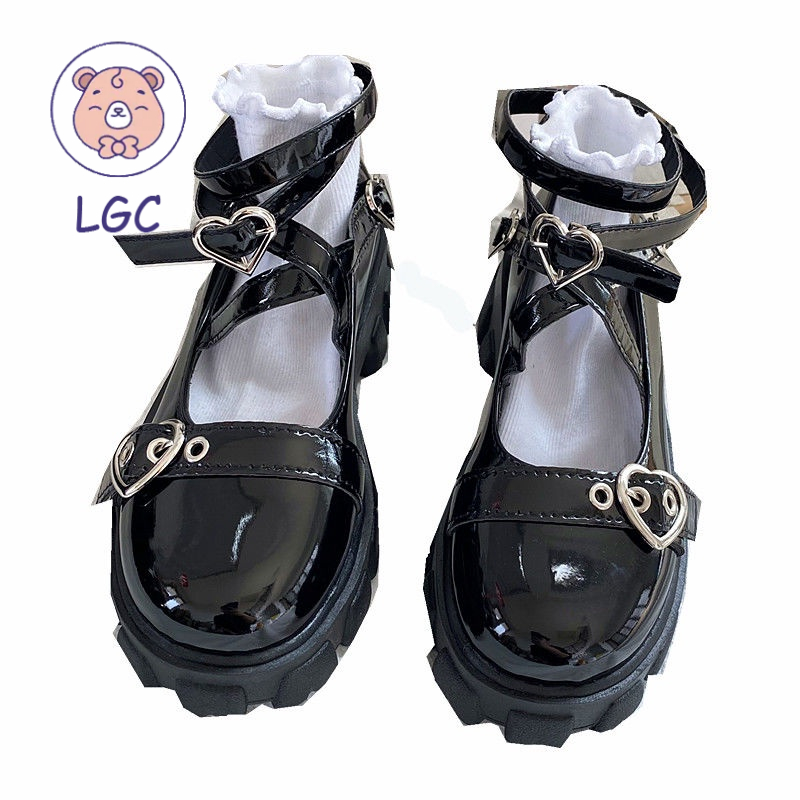 Giày da mũi tròn đế dày phong cách Lolita Nhật Bản cho nữ