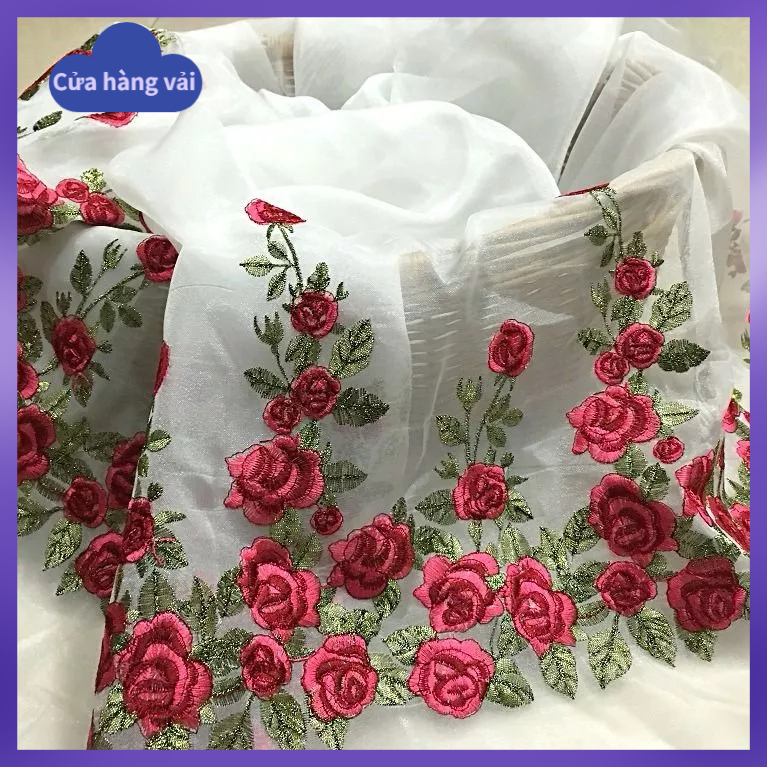 Vải Ren Organza Ba Chiều Rộng 1.35M Dài 1M Thêu Họa Tiết Hoa Hồng Đỏ