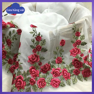 Vải Ren Organza Ba Chiều Rộng 1.35M Dài 1M Thêu Họa Tiết Hoa Hồng Đỏ
