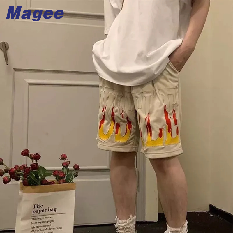 Quần Short Thể Thao Ống Rộng Thêu Họa Tiết Ngọn Lửa Phong Cách Hip Hop Đường Phố Hàn Quốc Mới Cho Nam