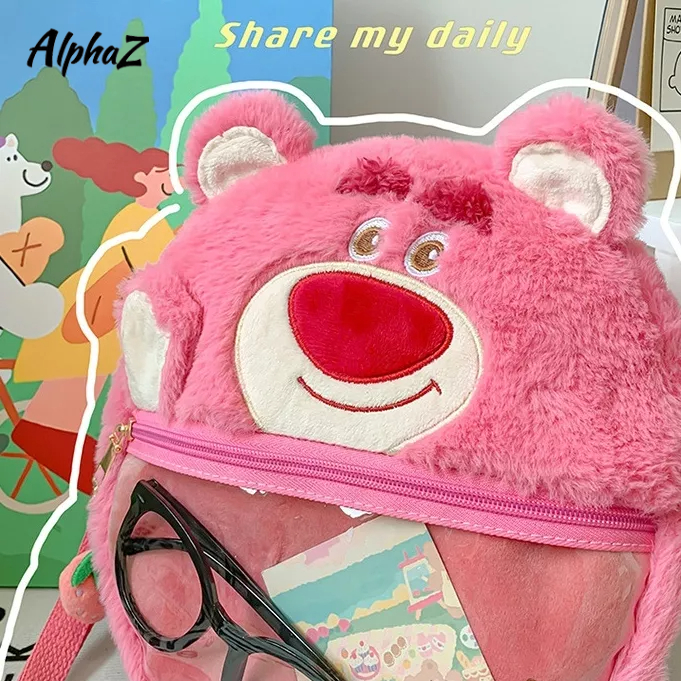 Alphaz Túi Đeo Chéo Trong Suốt Phối Lông Xù Kiểu Hoạt Hình Gấu Dâu Tây Đáng Yêu