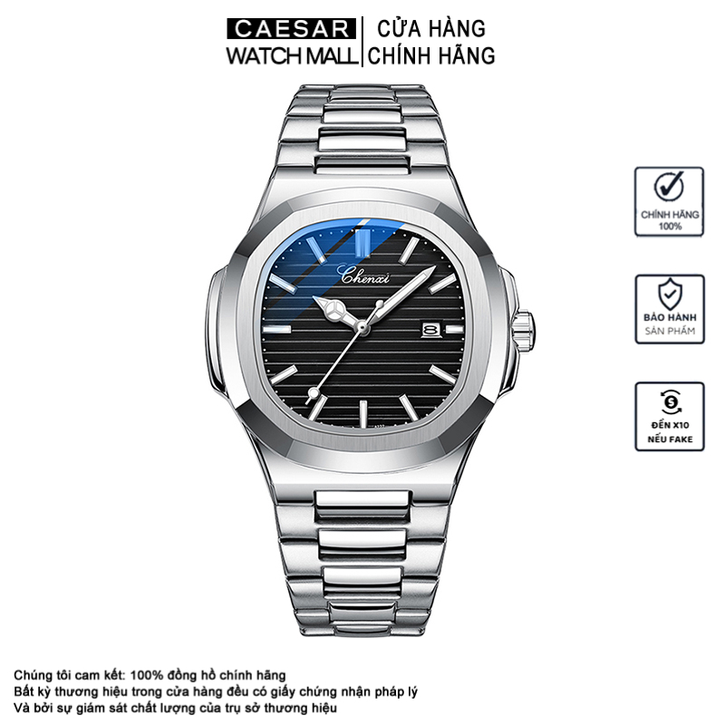 Đồng hồ kim loại nam sang trọng Đồng hồ đồng hồ hình vuông lịch không thấm nước ánh sáng ban đêm