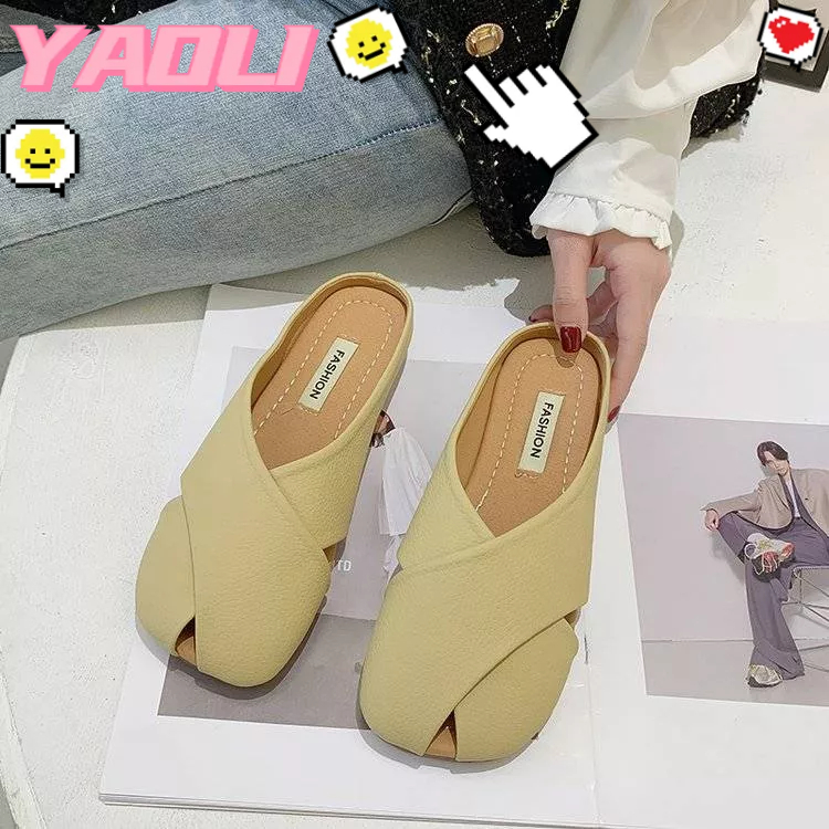 YAOLI Da mềm Bao Đầu thời trang Pháp 2023 mới giày lười Muller cho bà bầu giày đế bằng da nhỏ nửa kéo
