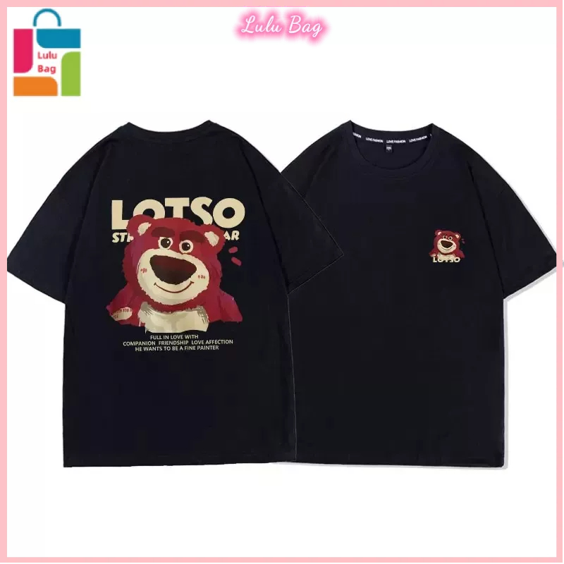 Áo Thun Cotton Tay Ngắn Dáng Rộng In Hình Gấu Và Dâu Tây Chất Lượng Cao Thời Trang