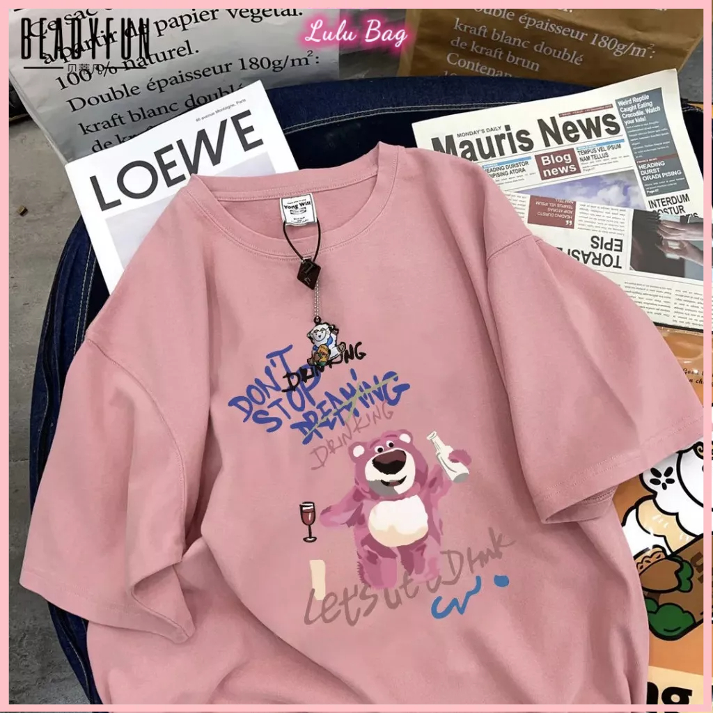 Áo Thun 100% Cotton Tay Ngắn In Hình Gấu Và Dâu Tây Phong Cách Harajuku Thời Trang Mùa Hè Hàng Mới Dành Cho Học Sinh Nam Và Nữ