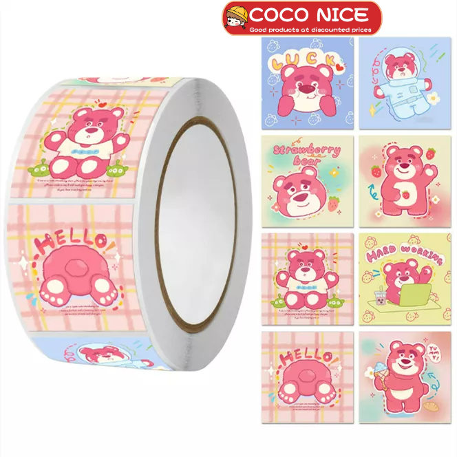 1 Cuộn 500 Miếng Dán Hình Gấu Dâu Hoạt Hình Dễ Thương Trang Trí DIY