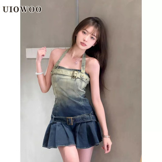 UIOWOO Đầm denim Ngắn Xếp Ly Dáng Ôm Màu gradient Mẫu Mới 2023 Thời Trang Cho Nữ