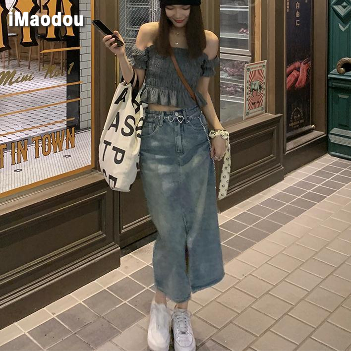 IMAODOU Chân váy denim  kiểu chữ A cạp cao thời trang mới xuân hè 2023