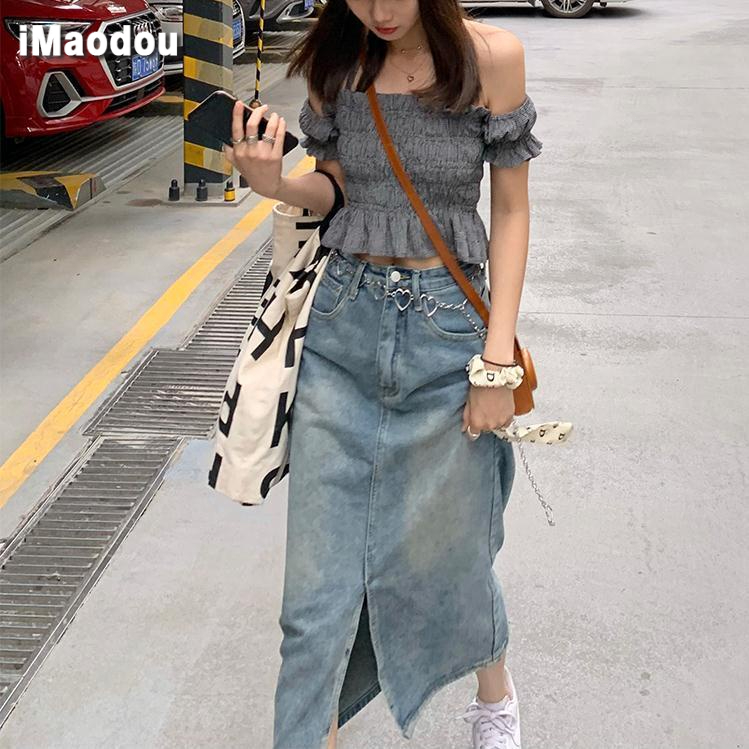 IMAODOU Chân váy denim  kiểu chữ A cạp cao thời trang mới xuân hè 2023