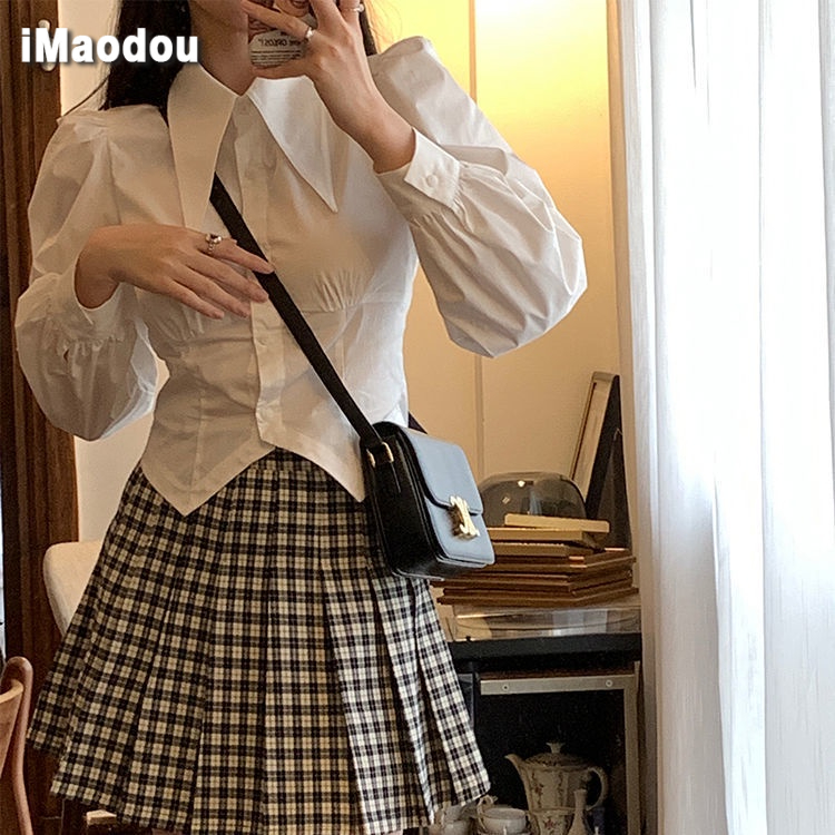 IMAODOU Áo Sơ Mi Trắng Dáng Ngắn Phong Cách Retro Thời Trang Xuân Thu Cho Nữ