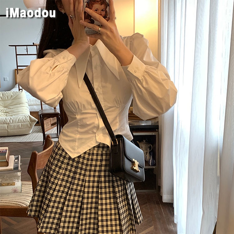 IMAODOU Áo Sơ Mi Trắng Dáng Ngắn Phong Cách Retro Thời Trang Xuân Thu Cho Nữ