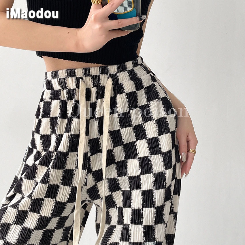 IMAODOU Quần Dài Ống Rộng Họa Tiết Sọc Caro Phong Cách Retro Mỹ Thời Trang Xuân Hè Cho Nữ