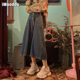 IMAODOUChân váy dài chữ A  lưng cao size lớn dáng rộng vải denim phong cách cổ điển dành cho bạn nữ