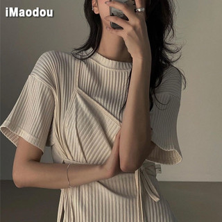 IMAODOU Đầm Tay Ngắn Cổ Tròn Dáng Dài Xẻ Tà Thắt Eo Phong Cách Hàn Quốc Thời Trang Cho Nữ
