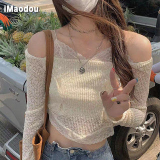 IMAODOU Áo kiểu hở vai phối ren phong cách Hàn Quốc cổ điển thời trang mùa xuân năm 2023 cho nữ