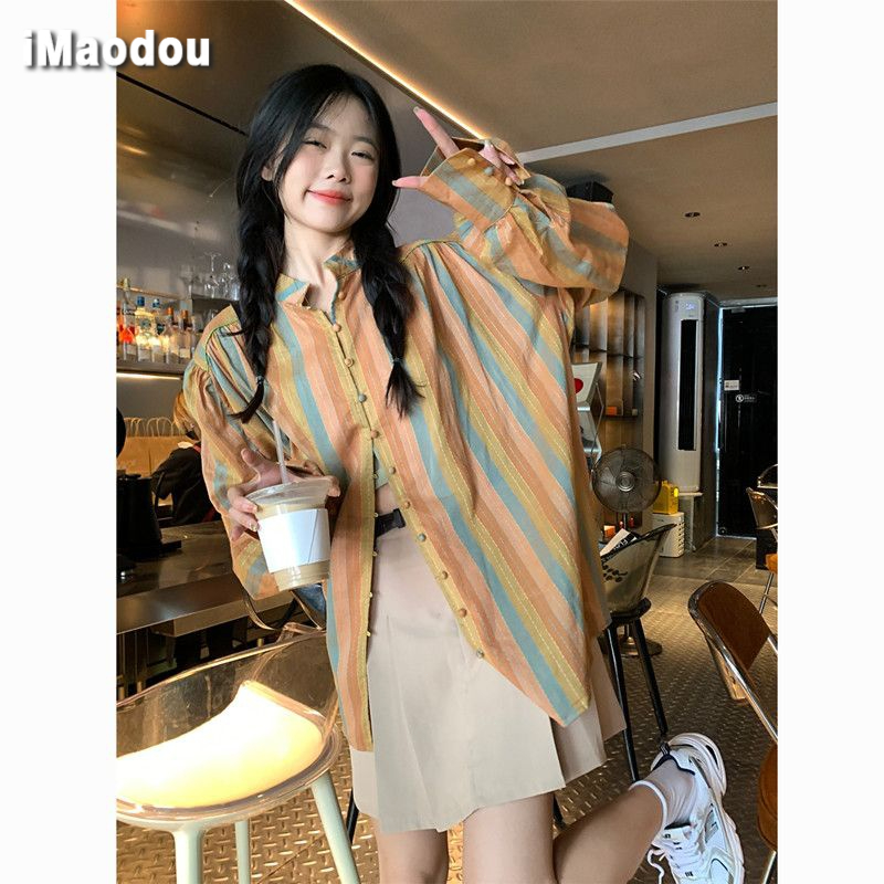 IMAODOUÁo Sơ Mi Tay Dài Dáng Rộng Họa Tiết Kẻ Sọc Màu Tương Phản Thời Trang Mùa Thu 2023 Cho Nữ