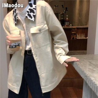 IMAODOU   Korean Style Denim Jacket Leopard Print Cardigan Long Sleeve