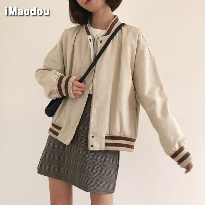 IMAODOU Harajuku Korean Fashion Style Loose Baseball Jacket For Women Short Striped Collar Simple New Style