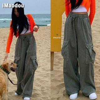IMAODOU  etro handsome tooling cotton all-match loose high waist wide leg pants casual pants women's trend