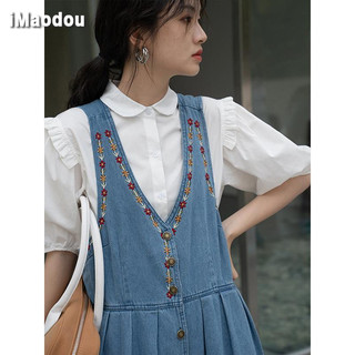 IMAODOU Đầm denim kiểu chữ A phong cách mùa hè Hàn Quốc kiểu đường thêu giản đơn dành cho nữ 2023
