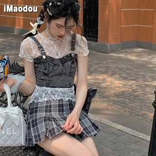 IMAODOU  New Lace Short Sleeve Suit Women   Korean Fashion Denim Short Vest