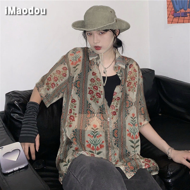 IMAODOU Áo sơ mi chiffon mỏng tay ngắn dáng rộng in họa tiết hoa lá cổ điển thời trang mùa hè cho nữ