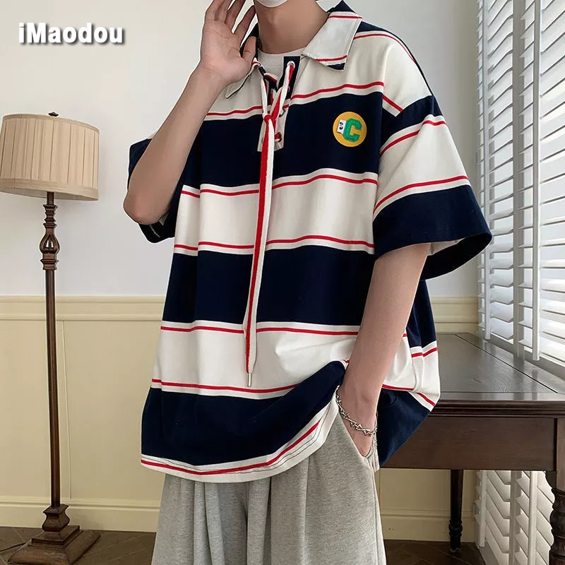Áo Thun polo Ngắn Tay Form Rộng Họa Tiết Kẻ Sọc Màu Sắc Tương Phản Phong Cách Retro Nhật Bản Cho Nam