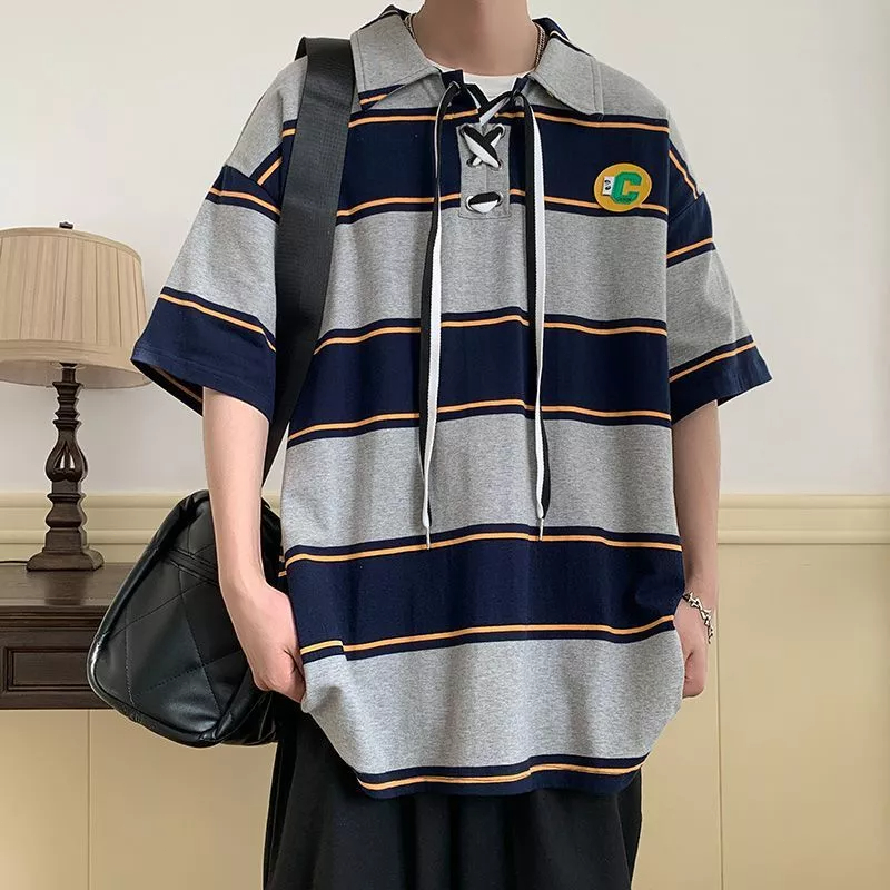 Áo Thun polo Ngắn Tay Form Rộng Họa Tiết Kẻ Sọc Màu Sắc Tương Phản Phong Cách Retro Nhật Bản Cho Nam