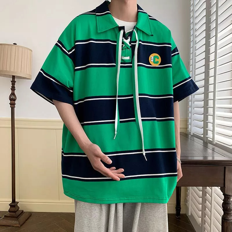 Áo Thun polo Ngắn Tay Form Rộng Họa Tiết Kẻ Sọc Màu Sắc Tương Phản Phong Cách Retro Nhật Bản Cho Nam