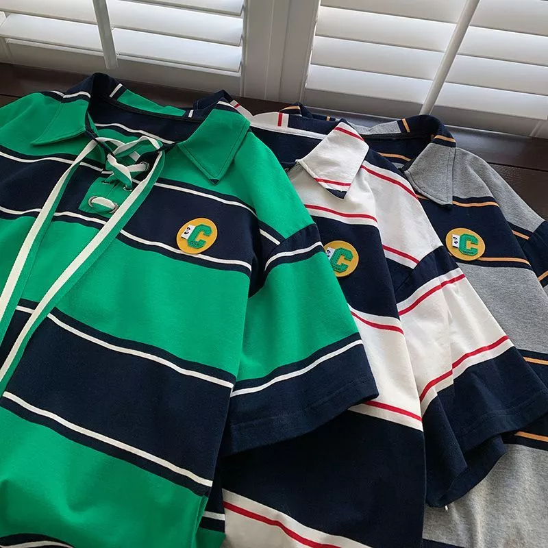 Áo Thun polo Ngắn Tay Form Rộng Họa Tiết Kẻ Sọc Màu Sắc Tương Phản Phong Cách Retro Nhật Bản Cho Nam