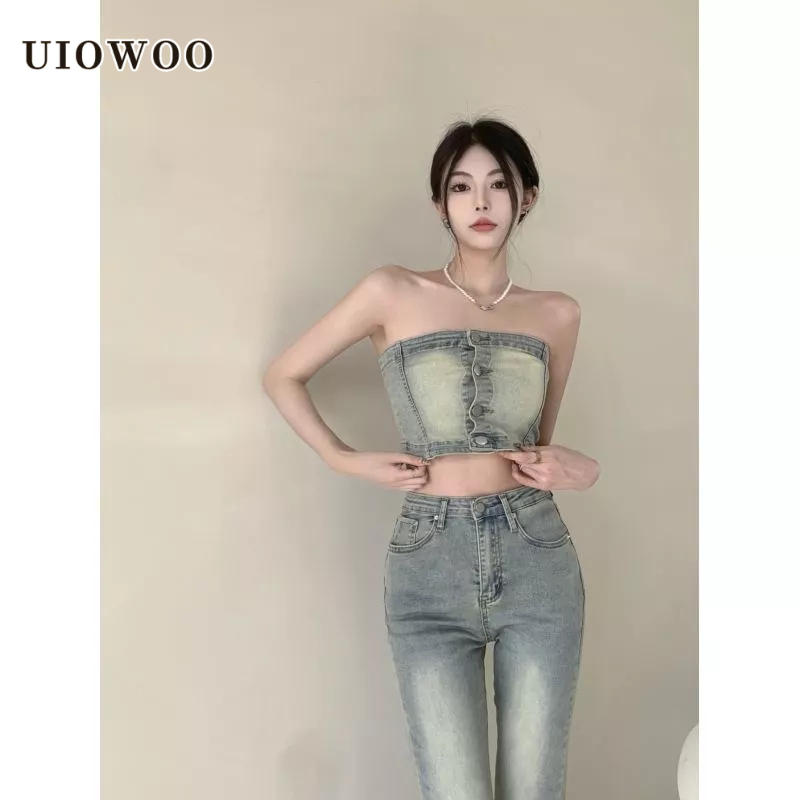 Uiowoo Set Áo Ống Ngắn Lưng Cao Co Giãn Nhẹ Nhàng Phong Cách Hong Kong Mùa Thu Cho Nữ jea
