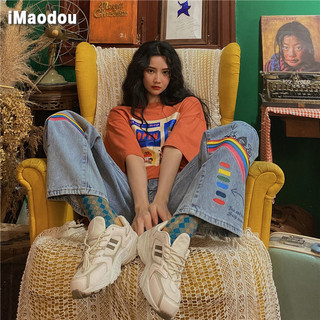 IMAODOU Retro personality niche graffiti jeans women's new super fire wild Moomin wide-leg pants trend