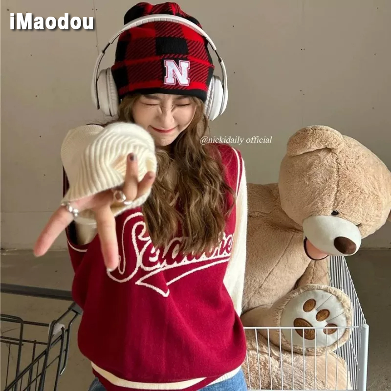IMAODOU Áo Sweater Dệt Kim Không Tay In Chữ Lớn Phong Cách Retro Mỹ Mùa Thu Mới Dành Cho Nữ Sinh