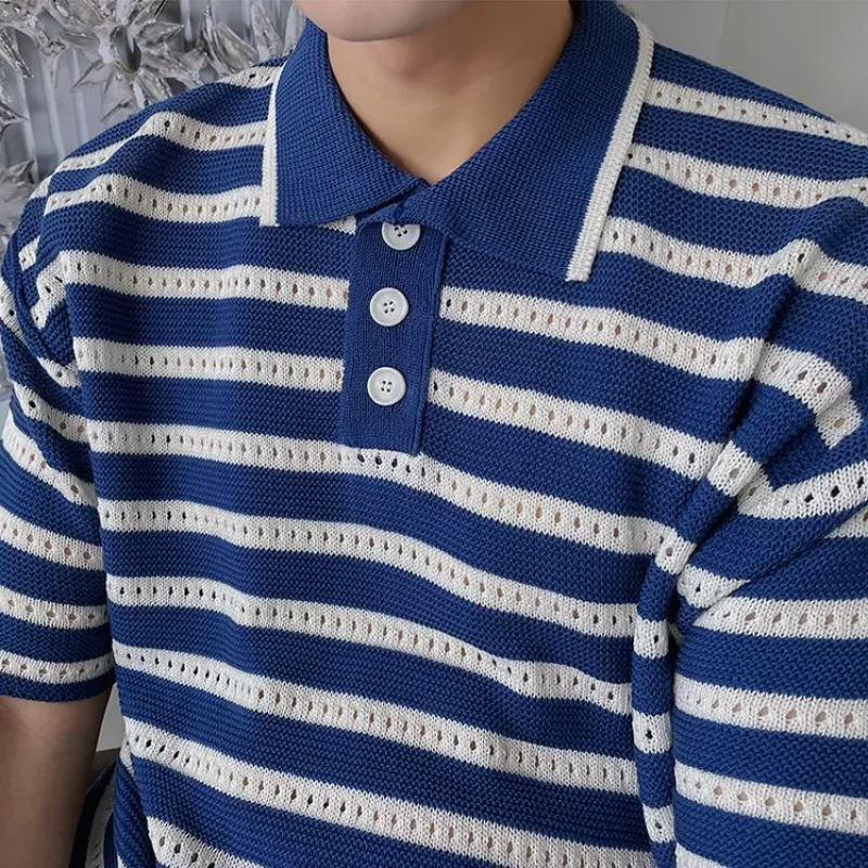 Áo Thun POLO Dệt Kim Mỏng Dáng Rộng Tay Ngắn Kẻ Sọc Kiểu Hàn Quốc Thời Trang Mùa Hè Cho Nam