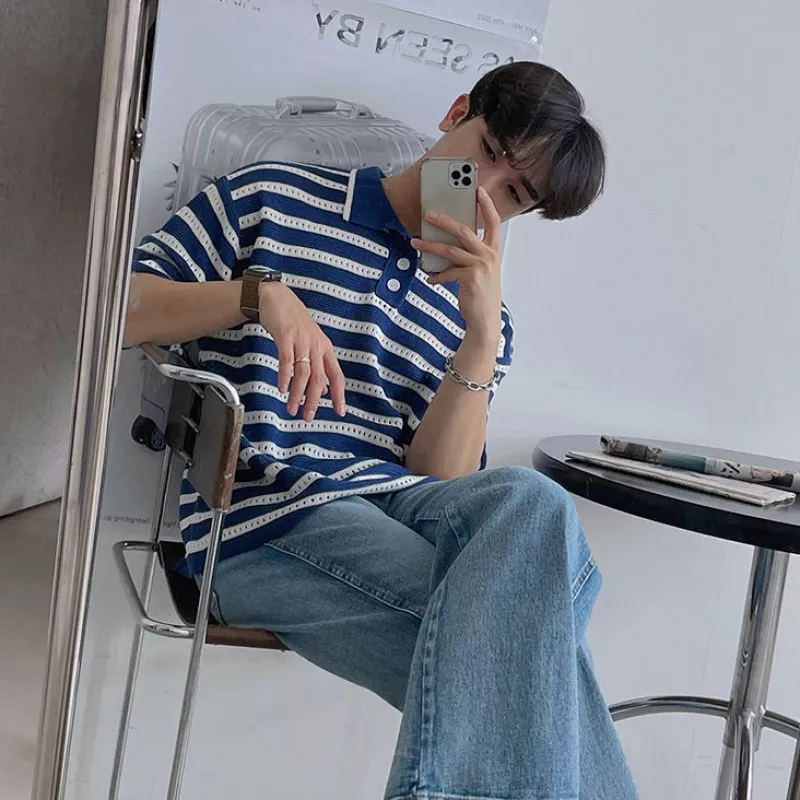 Áo Thun POLO Dệt Kim Mỏng Dáng Rộng Tay Ngắn Kẻ Sọc Kiểu Hàn Quốc Thời Trang Mùa Hè Cho Nam