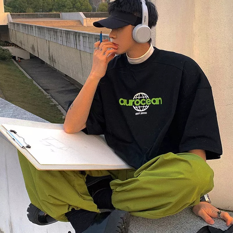 Áo Thun 100 Cotton Nguyên Chất Ngắn Tay Dáng Rộng Phong Cách Retro Hong Kong