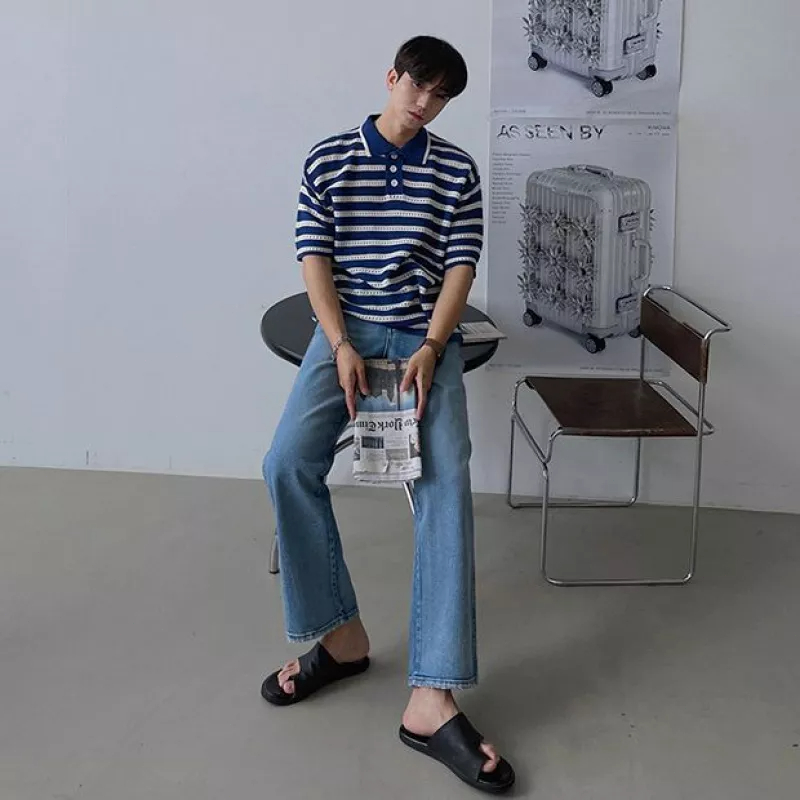 Áo Thun POLO Dệt Kim Mỏng Dáng Rộng Tay Ngắn Kẻ Sọc Kiểu Hàn Quốc Thời Trang Mùa Hè Cho Nam