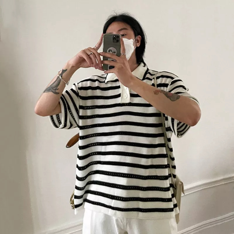 Áo Thun POLO Dệt Kim Mỏng Dáng Rộng Tay Ngắn Kẻ Sọc Kiểu Hàn Quốc Thời Trang Mùa Hè Cho Nam