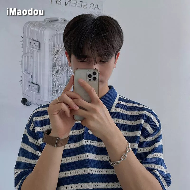 Áo Thun POLO Dệt Kim Mỏng Dáng Rộng Tay Ngắn Kẻ Sọc Kiểu Hàn Quốc Thời Trang Mùa Hè Cho Nam